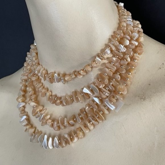 MID-CENTURY Handmade JAPANESE 4 Strand ABALONE SHARD CHOKER + CLASP NECKLACE - Picture 1 of 11
